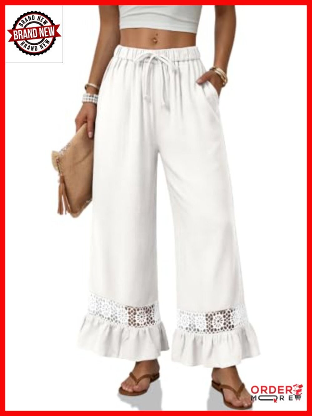 Wide Leg Linen Palazzo Pants Lace Ruffle Hem Pockets Summer Resort